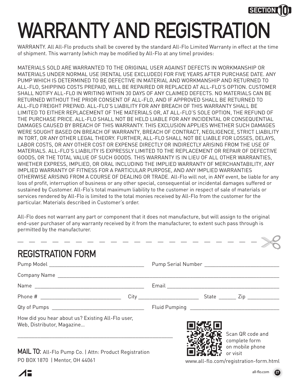 Warranty and registration, Registration form, Mail to | All-Flo A050 Series 1/2 Aluminum User Manual | Page 27 / 28