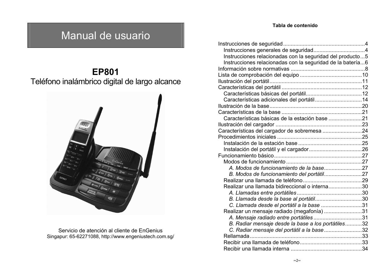 Manual de usuario, Ep801, Teléfono inalámbrico digital de largo alcance | SENAO EnGenius EP-801 User Manual | Page 67 / 167