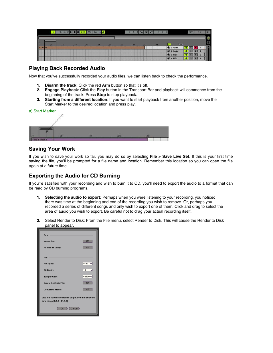 Playing back recorded audio, Saving your work, Exporting the audio for cd burning | M-AUDIO Classroom Studio User Manual | Page 7 / 8