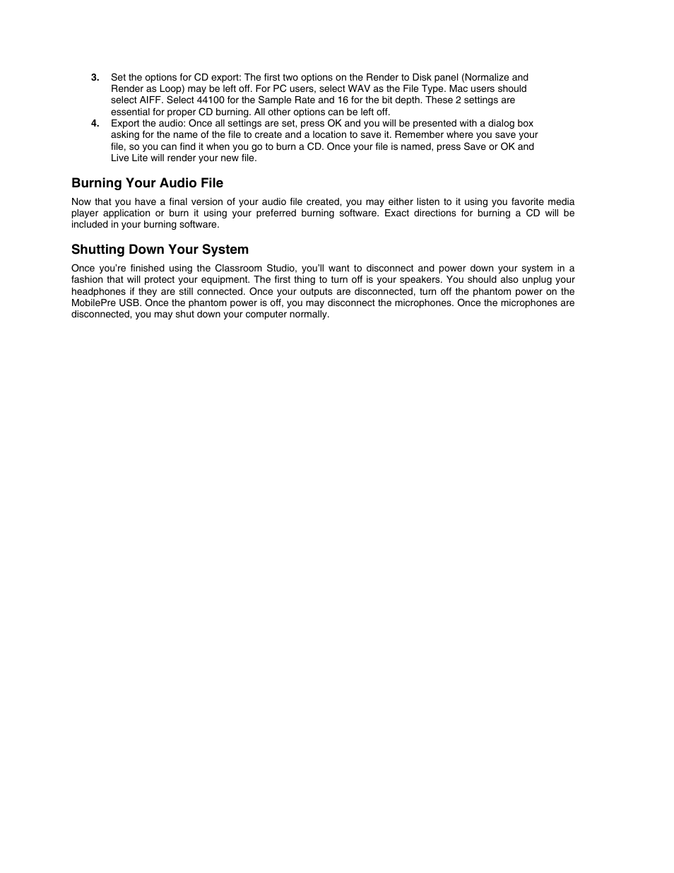 Burning your audio file, Shutting down your system | M-AUDIO Classroom Studio User Manual | Page 8 / 8