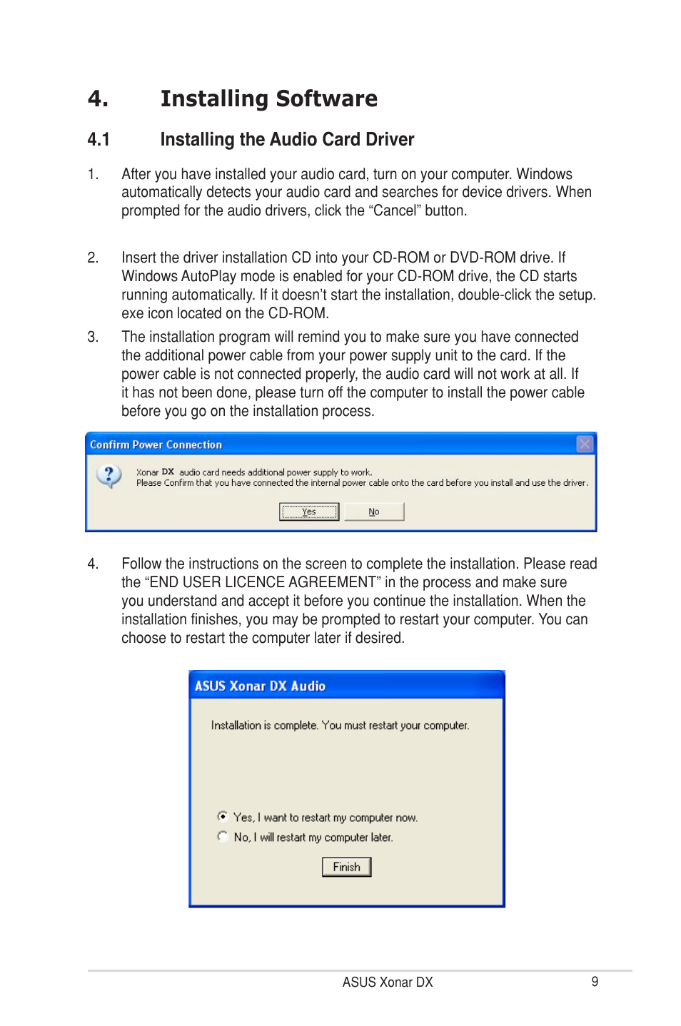 Installing software, 1 installing the audio card driver | Asus Xonar DX User Manual | Page 15 / 80