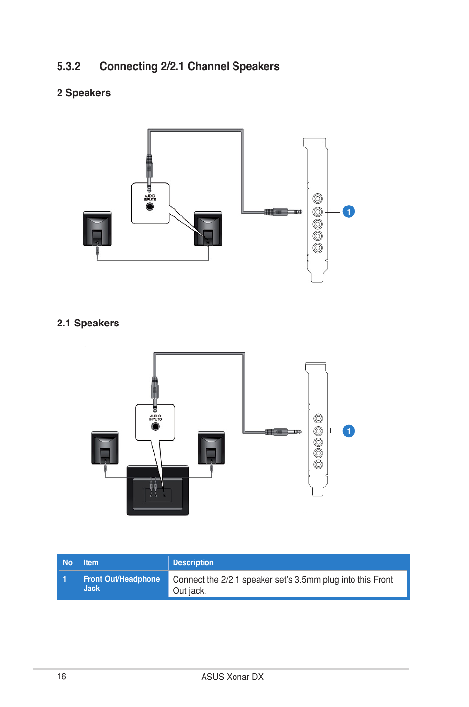 2 connecting 2/2.1 channel speakers | Asus Xonar DX User Manual | Page 22 / 80