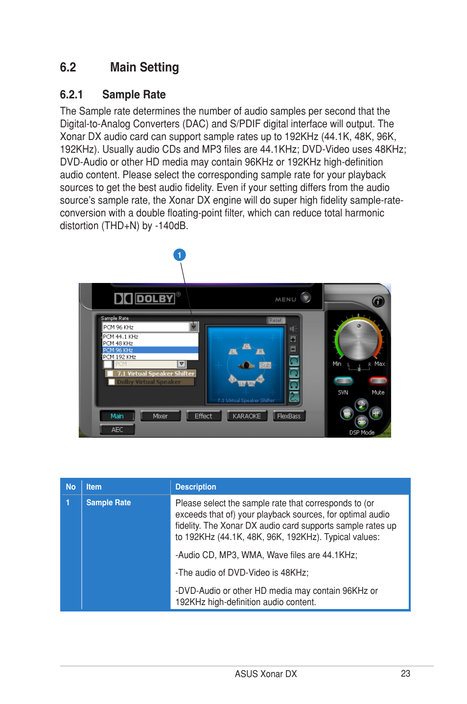 2 main setting, 1 sample rate | Asus Xonar DX User Manual | Page 29 / 80