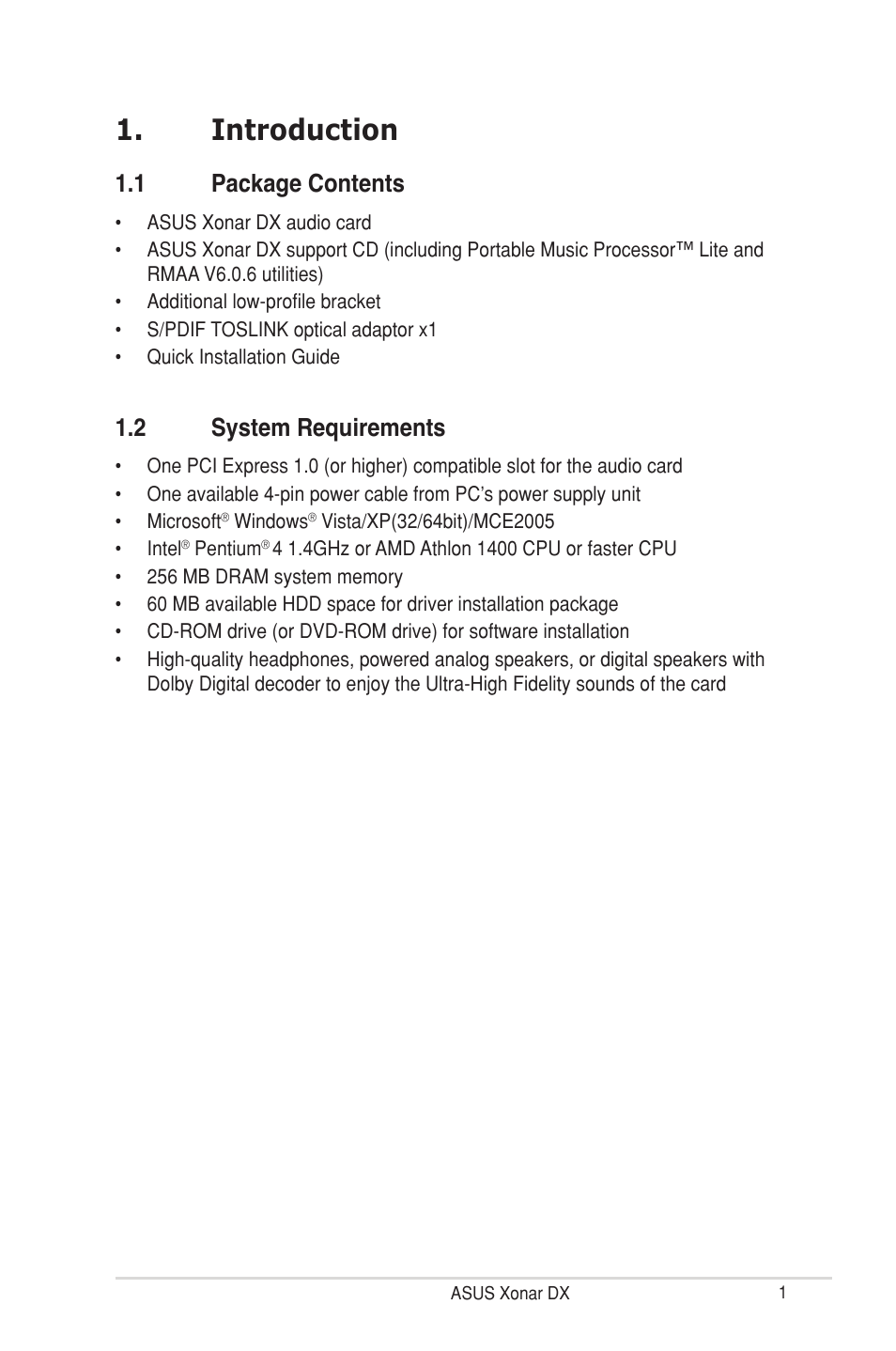 Introduction, 1 package contents, 2 system requirements | Asus Xonar DX User Manual | Page 7 / 80