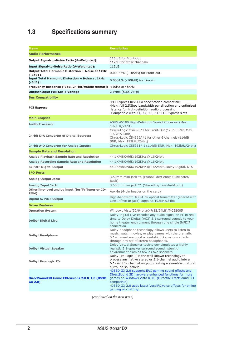 3 specifications summary, 2asus xonar dx, Continued on the next page) | Asus Xonar DX User Manual | Page 8 / 80