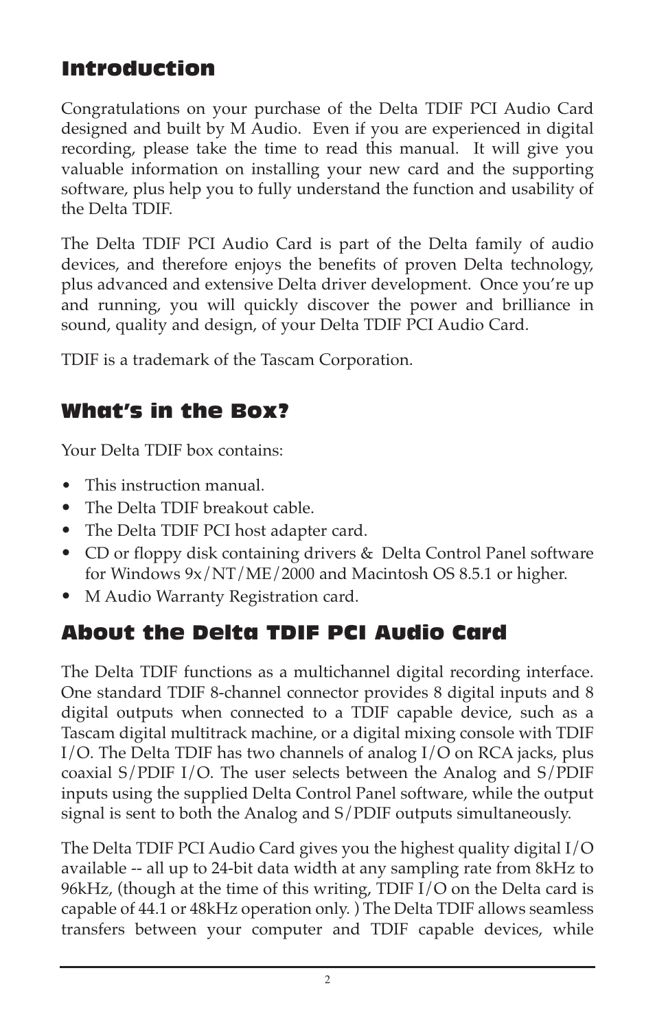 Introduction, What’s in the box, About the delta tdif pci audio card | M-AUDIO Delta TDIF User Manual | Page 2 / 58