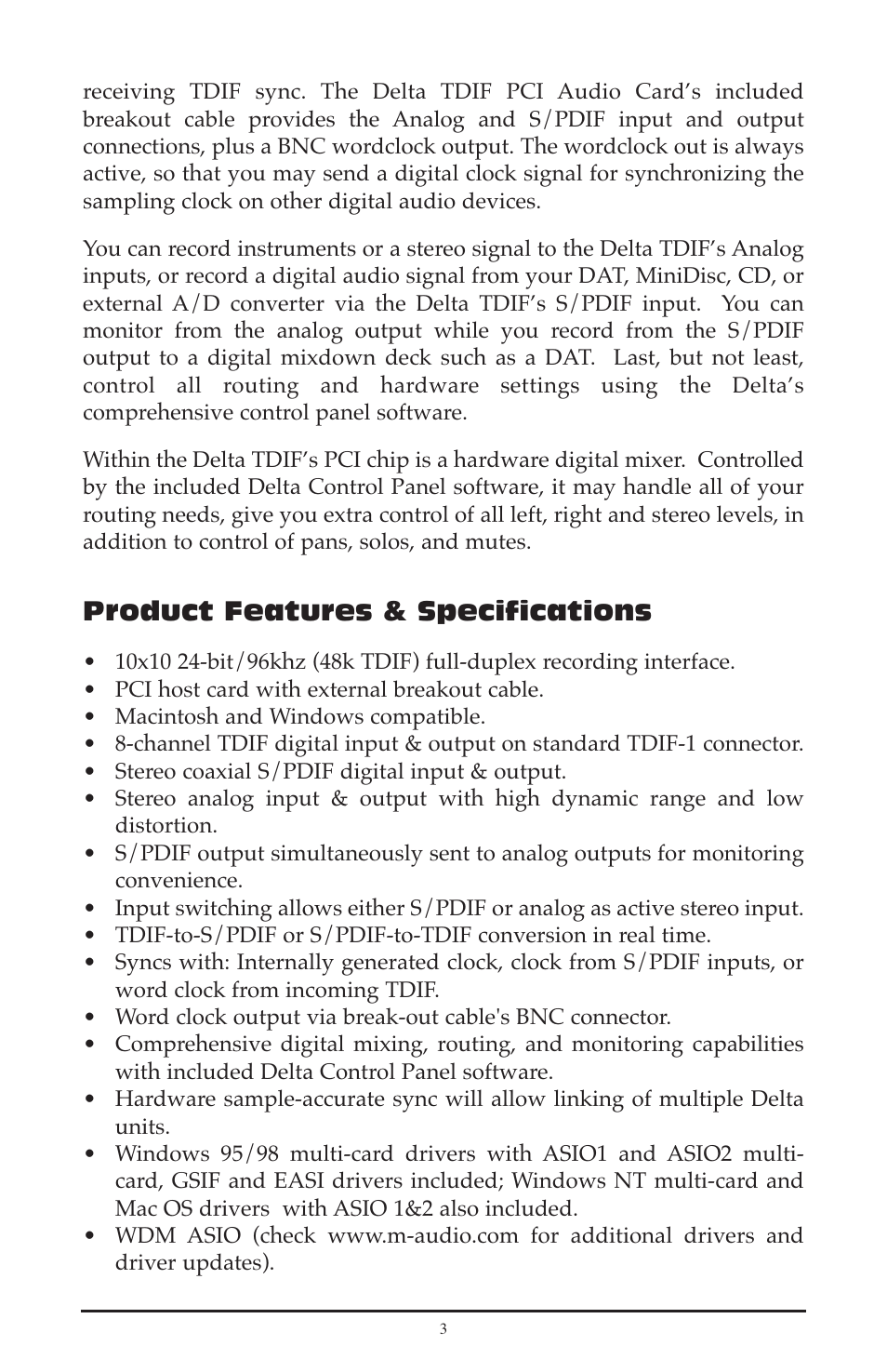 Product features & specifications | M-AUDIO Delta TDIF User Manual | Page 3 / 58