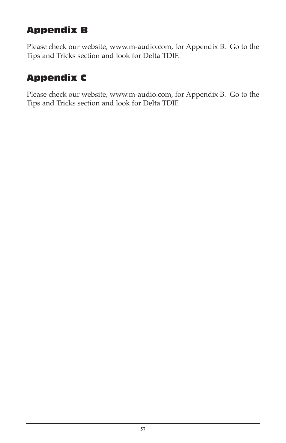 Appendix b, Appendix c | M-AUDIO Delta TDIF User Manual | Page 57 / 58