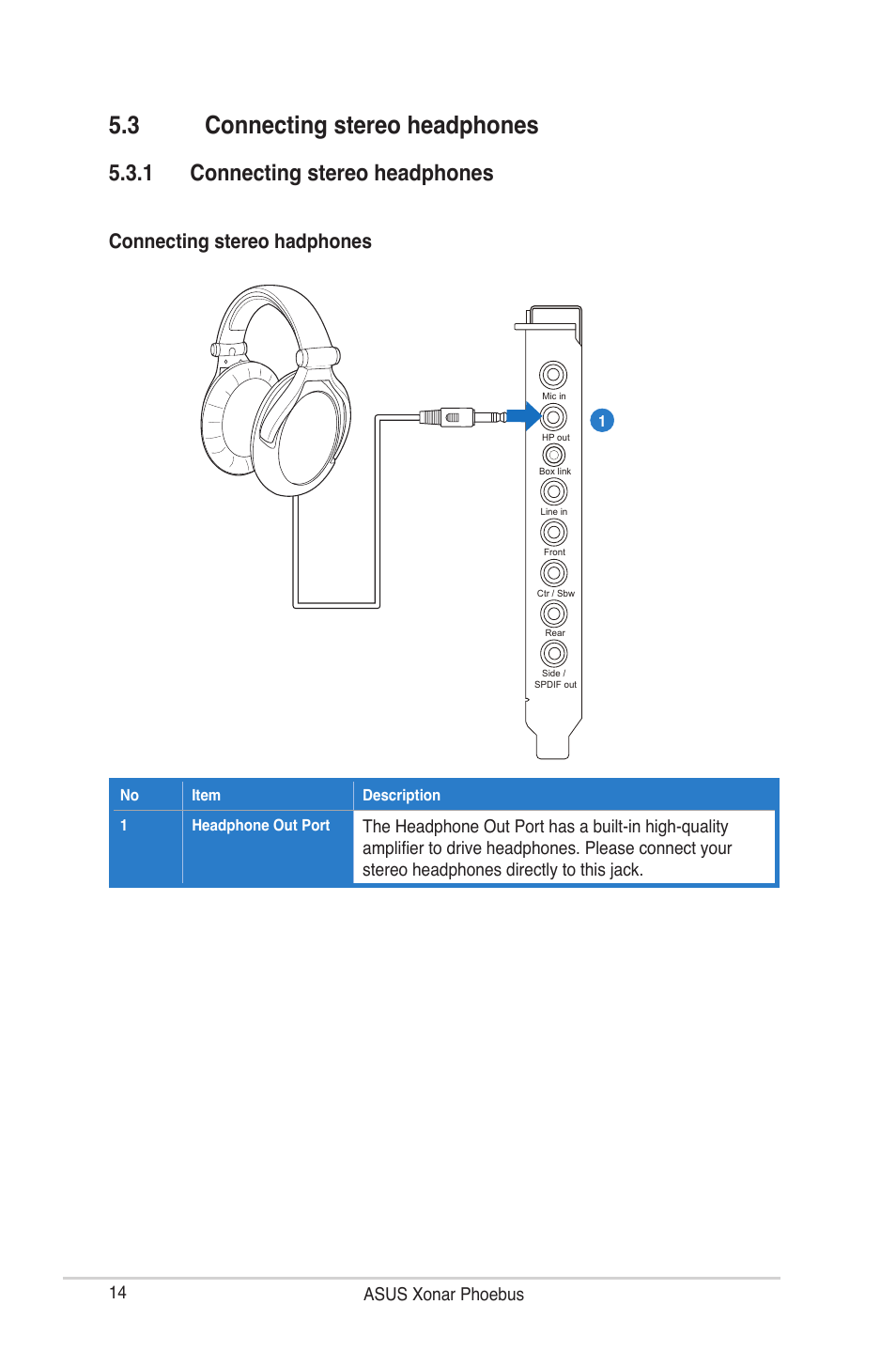 3 connecting stereo headphones, 1 connecting stereo headphones, Connecting stereo hadphones | Asus ROG Xonar Phoebus User Manual | Page 14 / 72