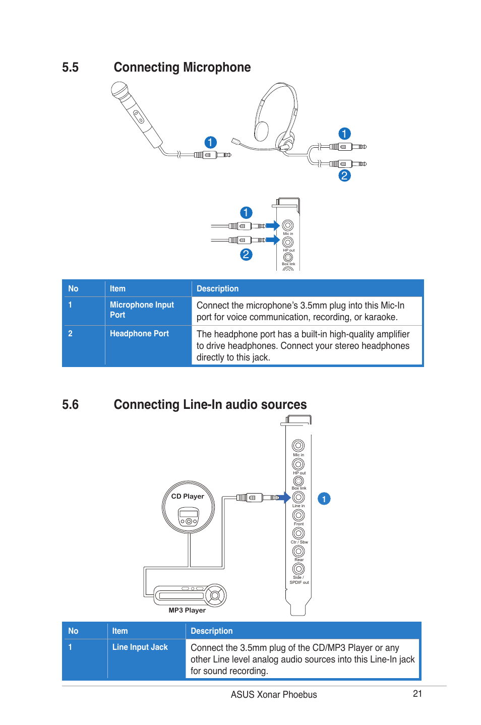 5 connecting microphone, 6 connecting line-in audio sources, 2 asus xonar phoebus | Asus ROG Xonar Phoebus User Manual | Page 21 / 72