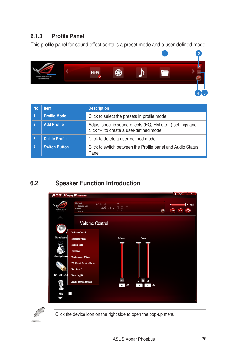 2 speaker function introduction, 3 profile panel | Asus ROG Xonar Phoebus User Manual | Page 25 / 72