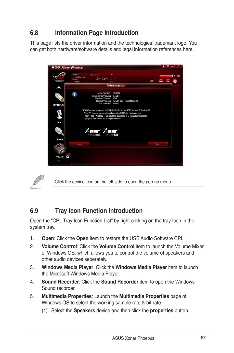 8 information page introduction, 9 tray icon function introduction | Asus ROG Xonar Phoebus User Manual | Page 67 / 72