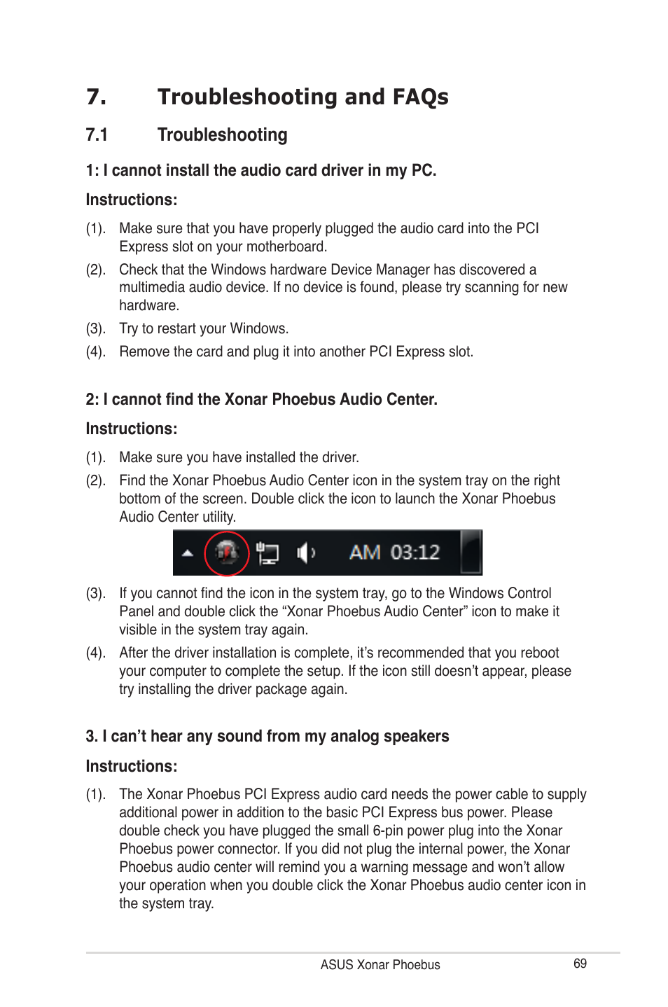 Troubleshooting and faqs, 1 troubleshooting | Asus ROG Xonar Phoebus User Manual | Page 69 / 72