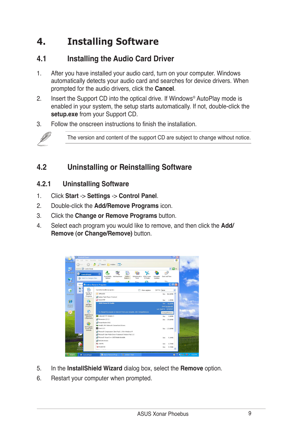 Installing software, 1 installing the audio card driver, 2 uninstalling or reinstalling software | Asus ROG Xonar Phoebus User Manual | Page 9 / 72