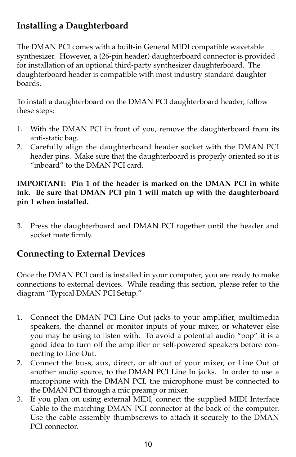 Installing a daughterboard, Connecting to external devices | M-AUDIO Dman PCI User Manual | Page 10 / 29