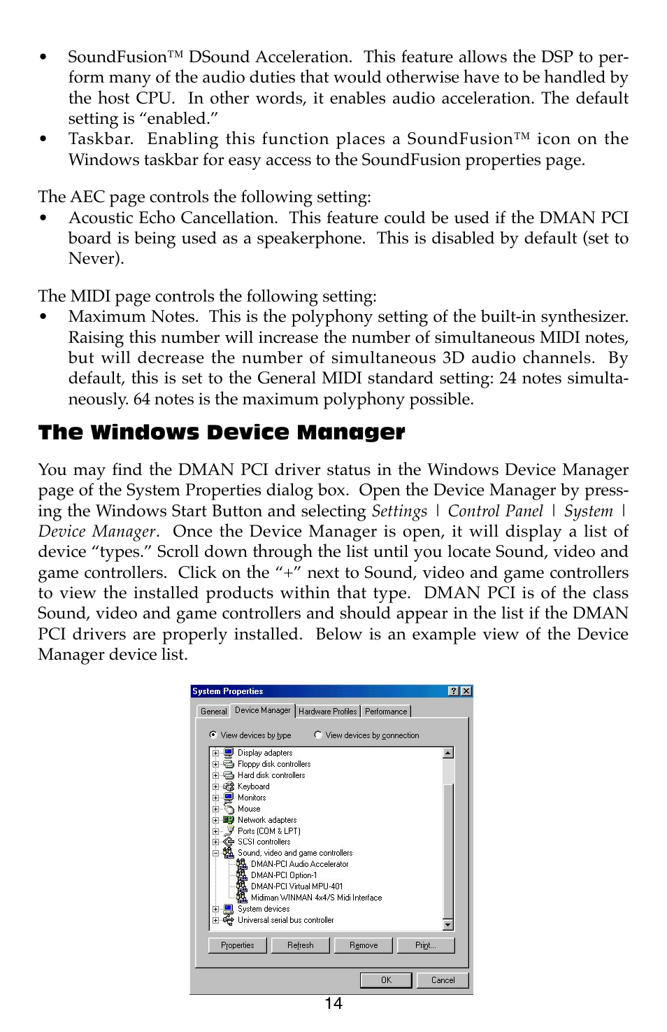 The windows device manager | M-AUDIO Dman PCI User Manual | Page 14 / 29