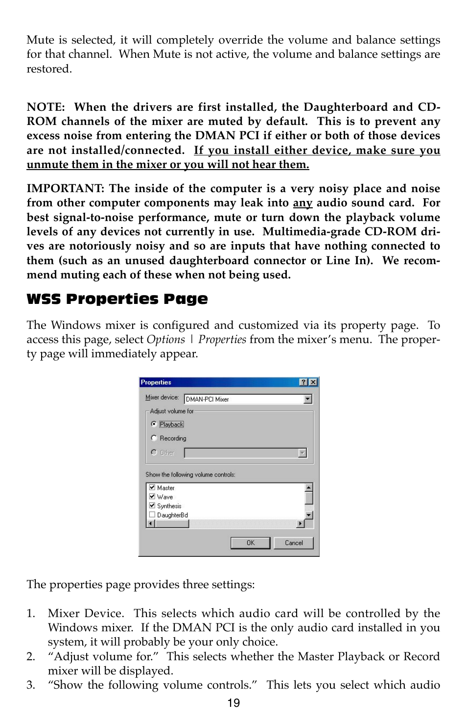 Wss properties page | M-AUDIO Dman PCI User Manual | Page 19 / 29