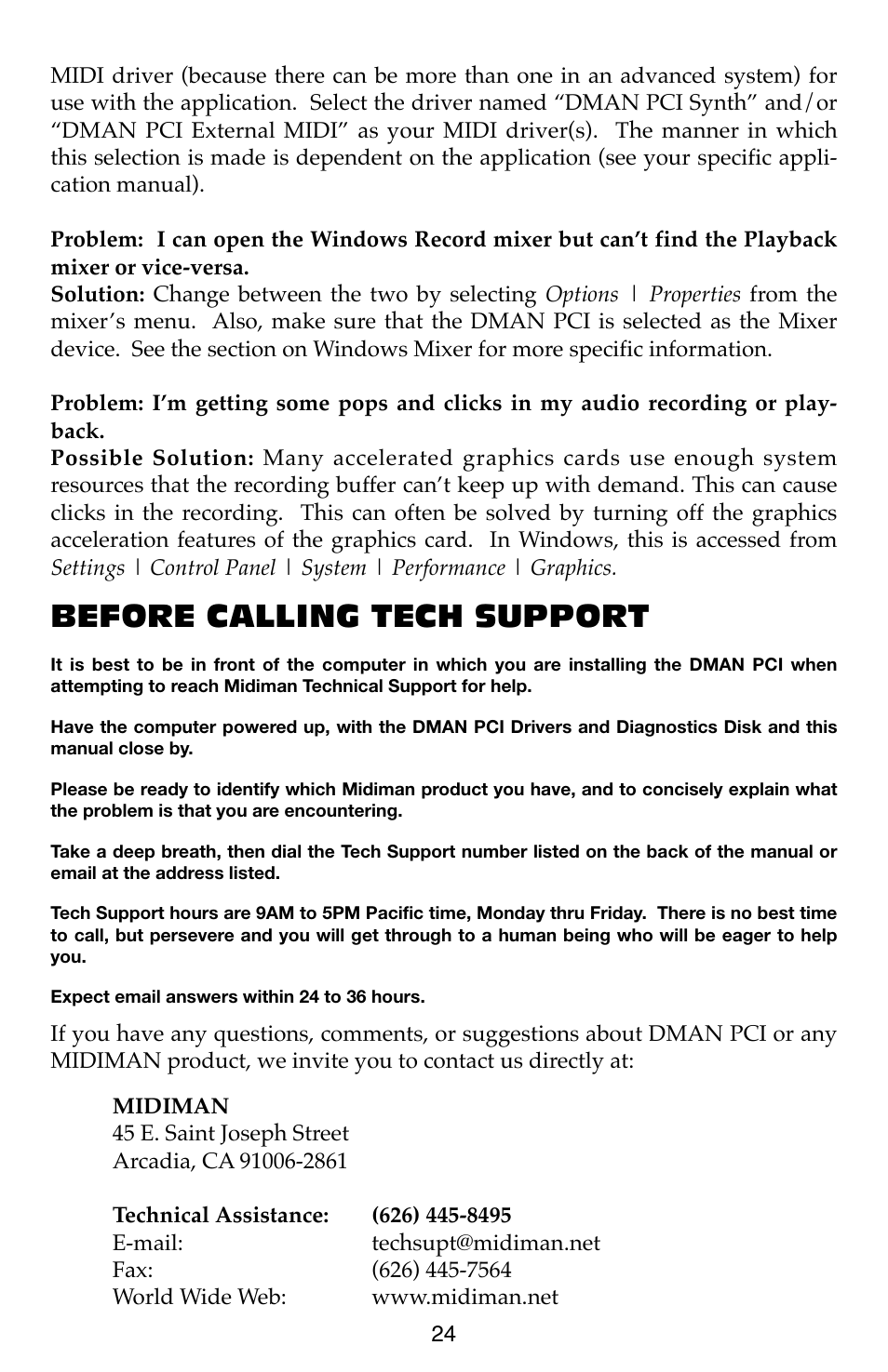 Before calling tech support | M-AUDIO Dman PCI User Manual | Page 24 / 29