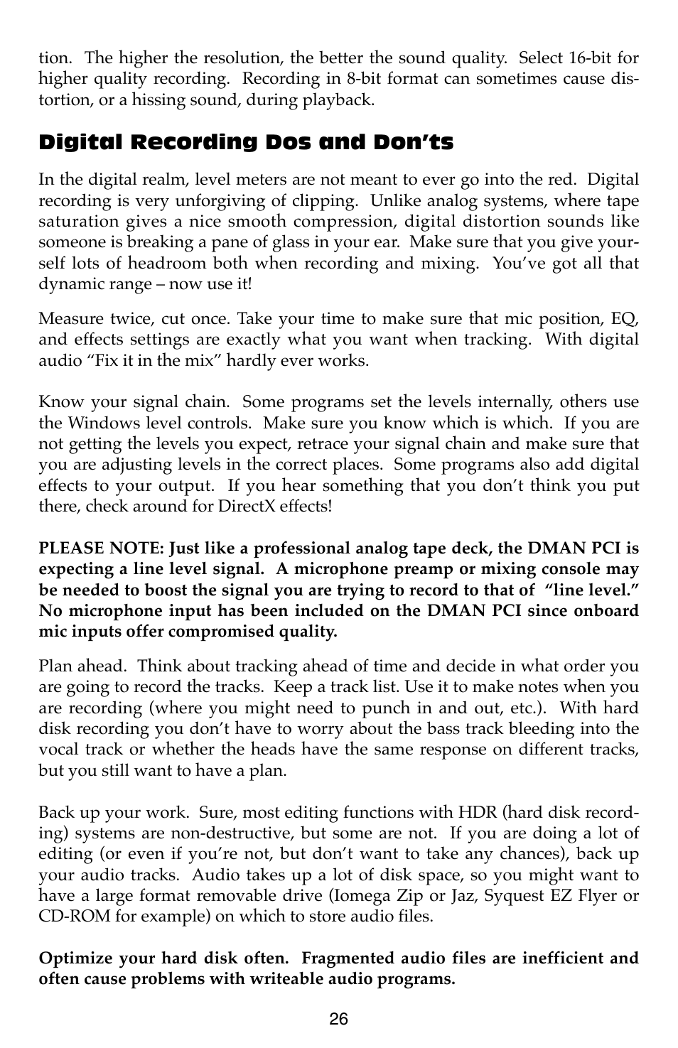 Digital recording dos and don’ts | M-AUDIO Dman PCI User Manual | Page 26 / 29