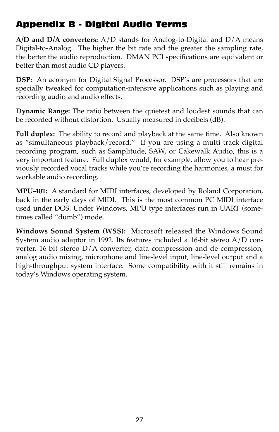 Appendix b - digital audio terms | M-AUDIO Dman PCI User Manual | Page 27 / 29