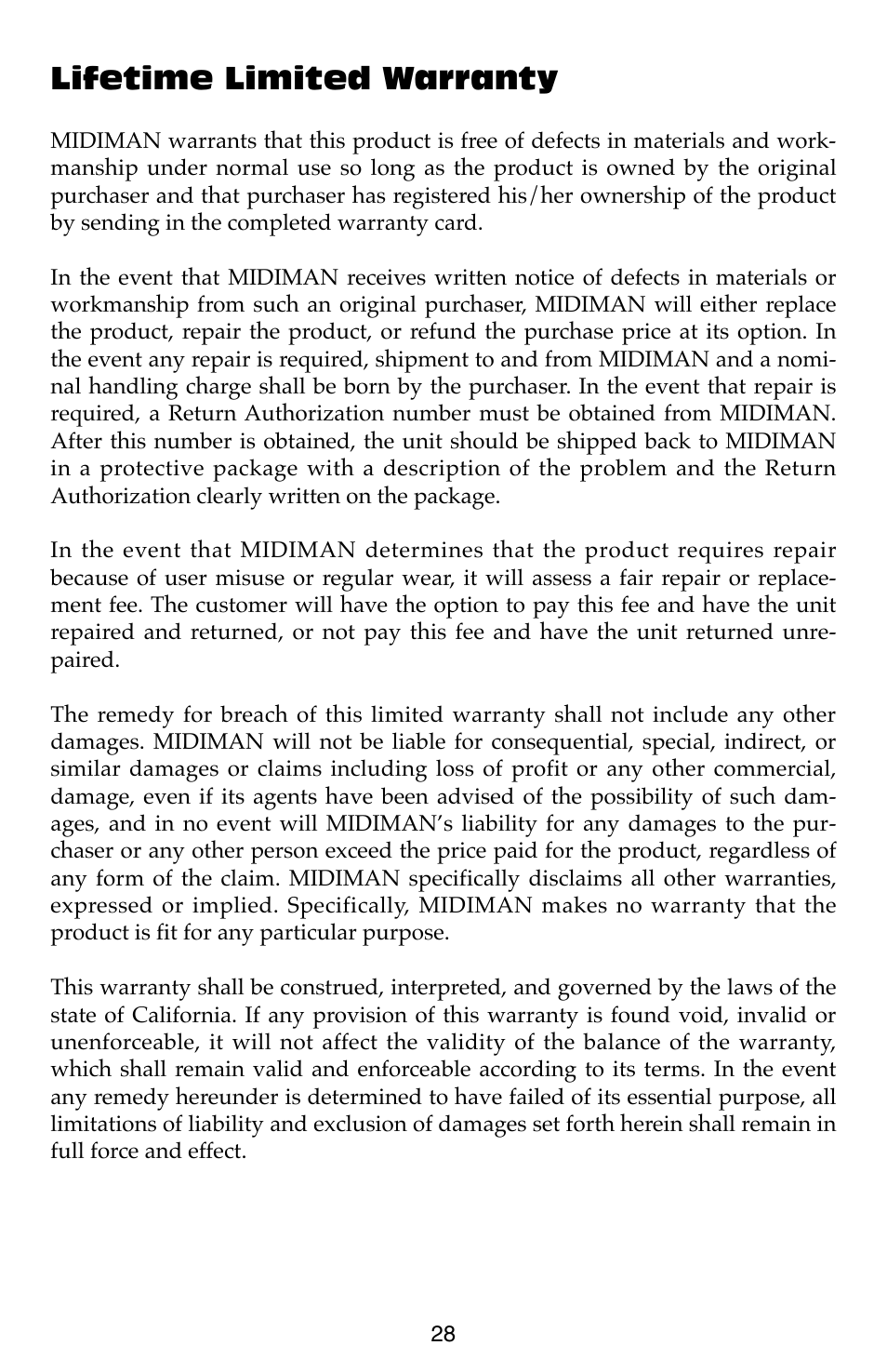 Lifetime limited warranty | M-AUDIO Dman PCI User Manual | Page 28 / 29