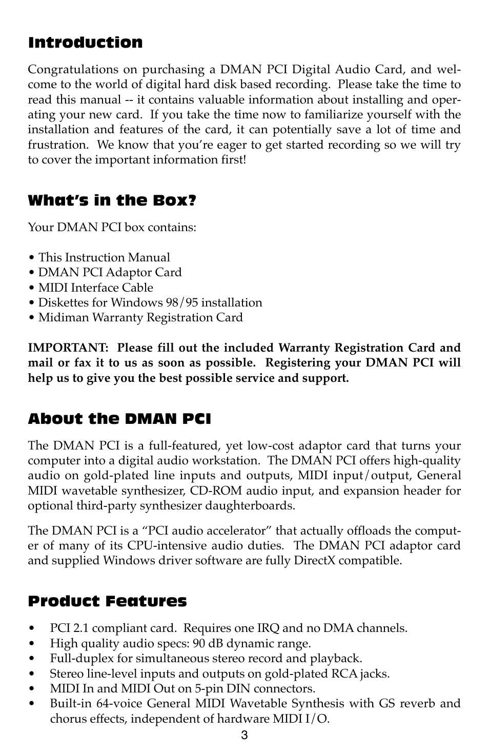 M-AUDIO Dman PCI User Manual | Page 3 / 29