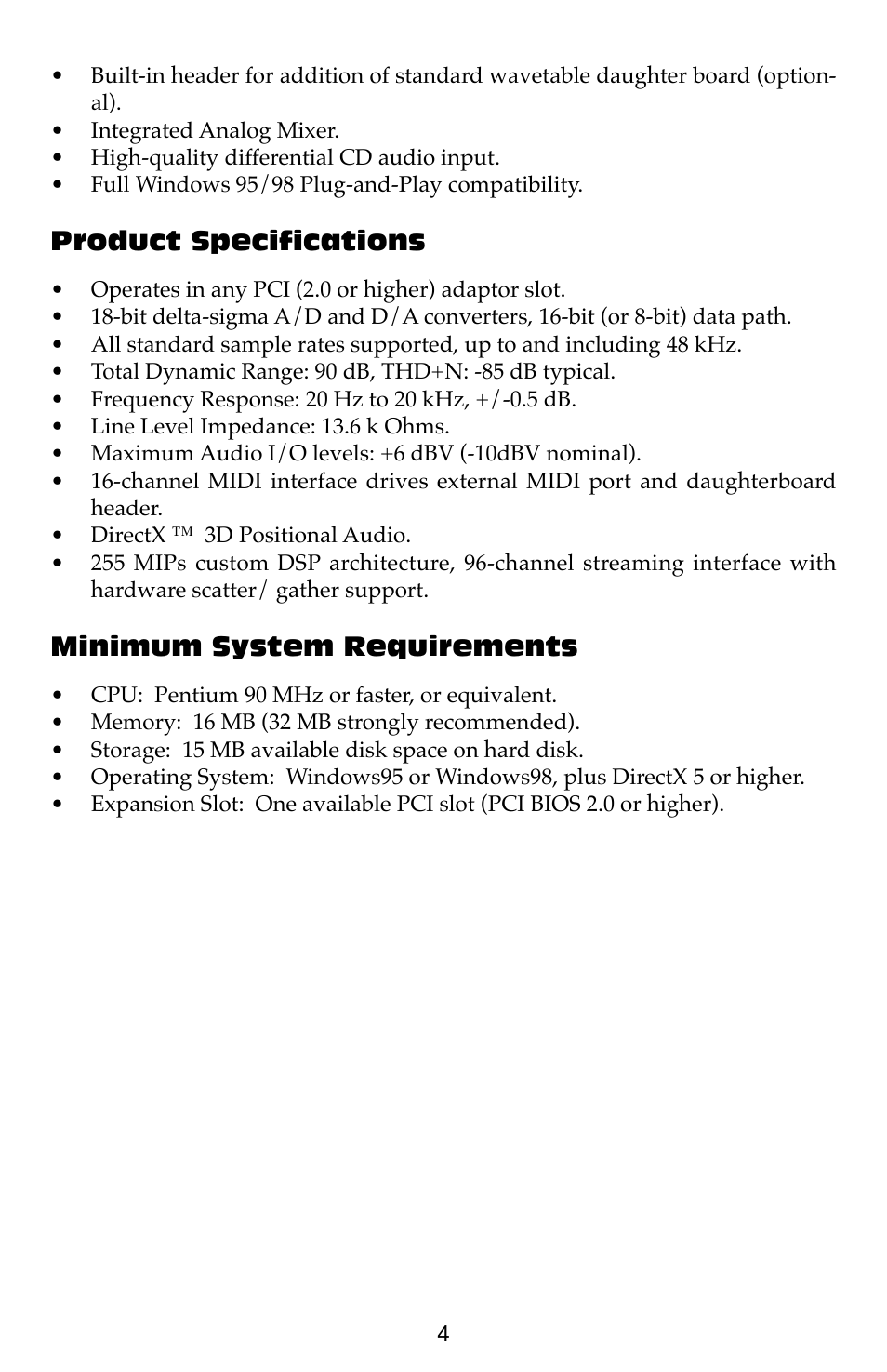 Product specifications, Minimum system requirements | M-AUDIO Dman PCI User Manual | Page 4 / 29