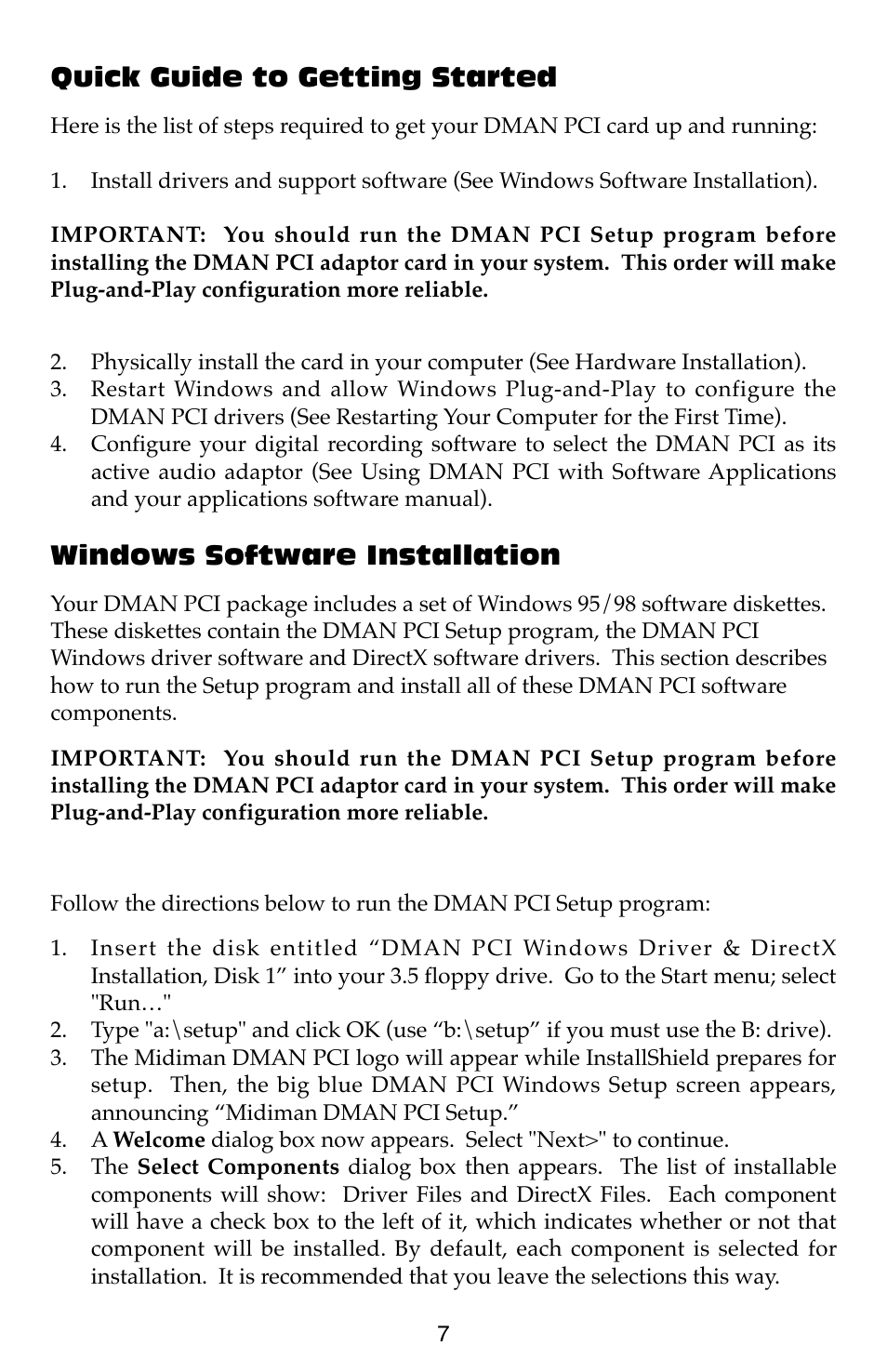 Quick guide to getting started, Windows software installation | M-AUDIO Dman PCI User Manual | Page 7 / 29