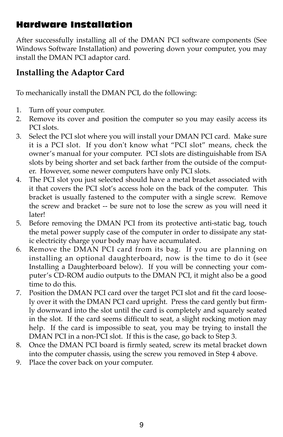 Hardware installation, Installing the adaptor card | M-AUDIO Dman PCI User Manual | Page 9 / 29