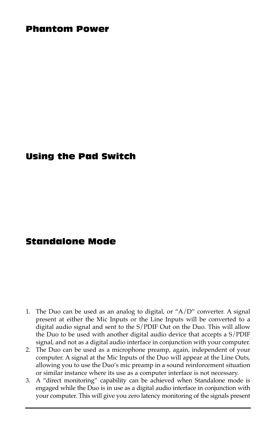 Phantom power, Using the pad switch, Standalone mode | M-AUDIO Duo USB User Manual | Page 13 / 27