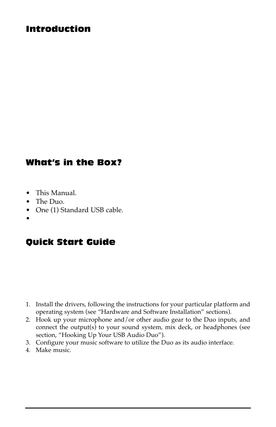 Introduction, Whatõs in the box, Quick start guide | What’s in the box | M-AUDIO Duo USB User Manual | Page 2 / 27