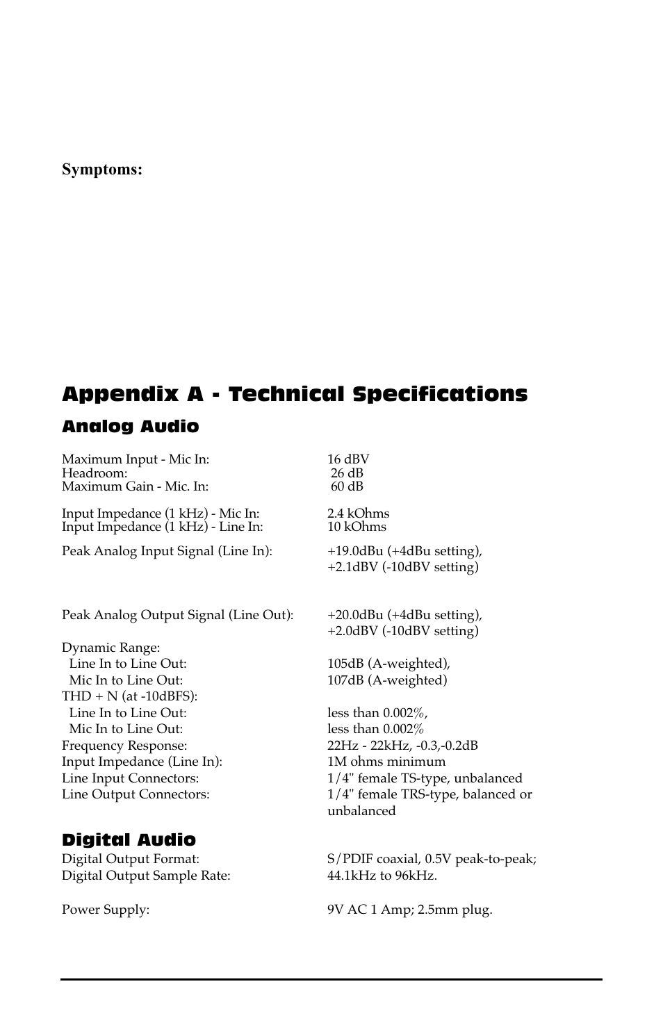 Appendix a - technical specifications, Analog audio, Digital audio | M-AUDIO Duo USB User Manual | Page 26 / 27