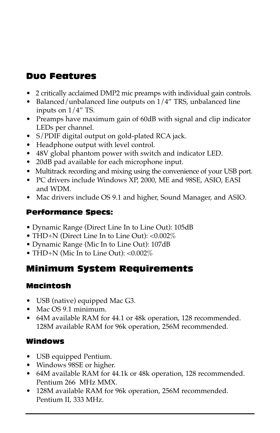 Duo features, Minimum system requirements | M-AUDIO Duo USB User Manual | Page 3 / 27