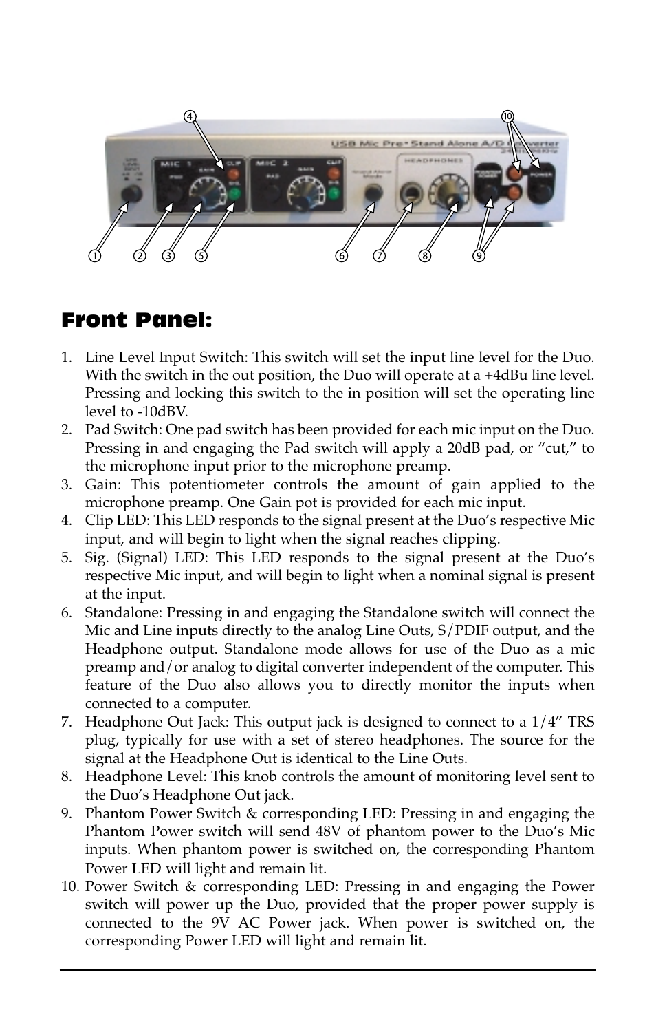 Front panel | M-AUDIO Duo USB User Manual | Page 4 / 27