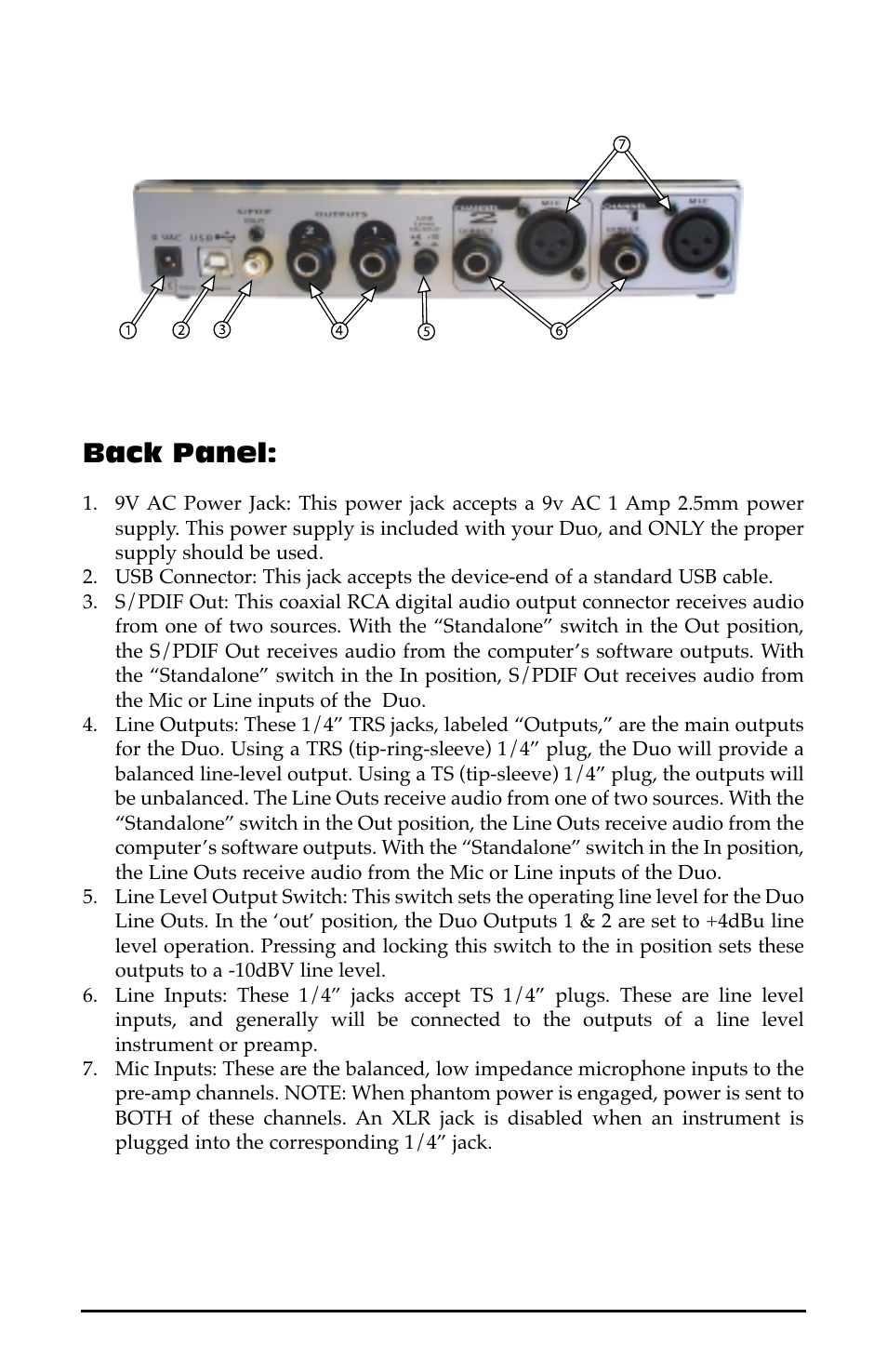 Back panel | M-AUDIO Duo USB User Manual | Page 5 / 27
