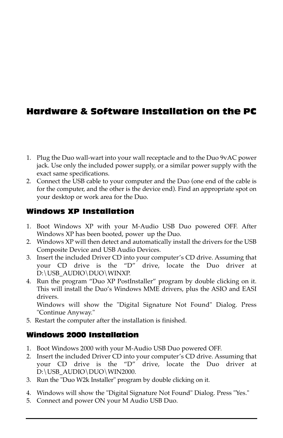 Hardware & software installa, Windows xp installation, Windows 2000 installation | Hardware & software installation on the pc | M-AUDIO Duo USB User Manual | Page 7 / 27