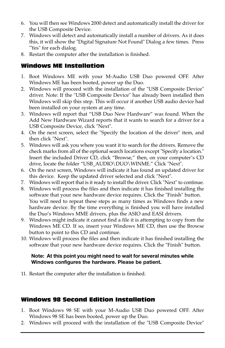 Windows me installation | M-AUDIO Duo USB User Manual | Page 8 / 27