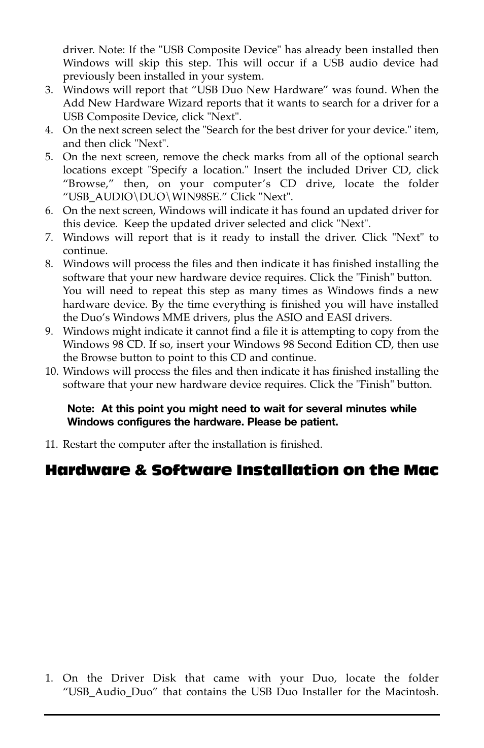 Hardware & software installa, Hardware & software installation on the mac | M-AUDIO Duo USB User Manual | Page 9 / 27