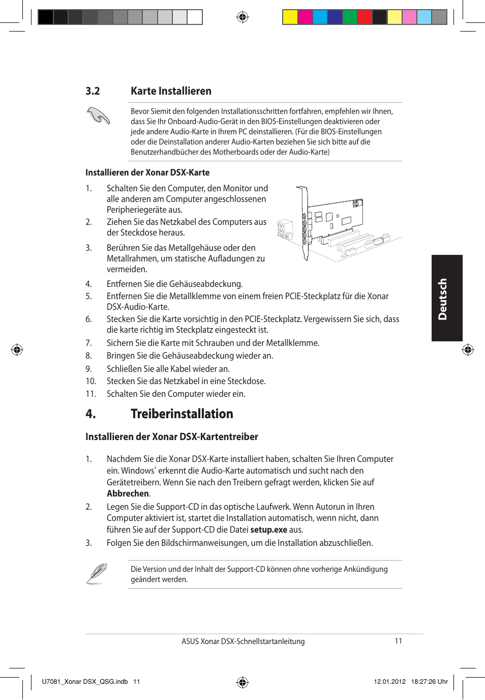 Treiberinstallation treiberinstallation, Deutsch, 2 karte installieren | Asus Xonar DSX User Manual | Page 11 / 26