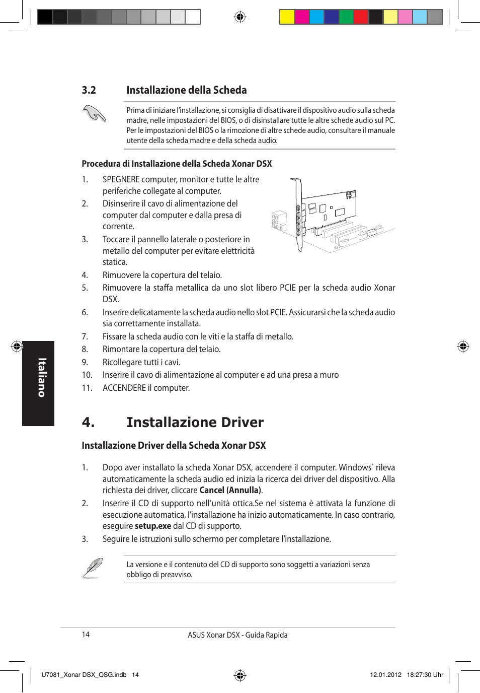Installazione driver, Italiano, 2 installazione della scheda | Asus Xonar DSX User Manual | Page 14 / 26