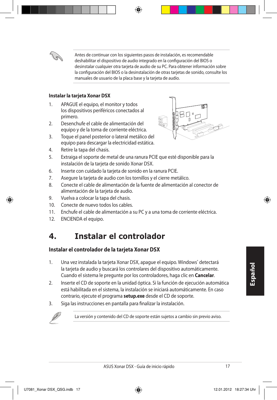 Instalar el controlador, Español | Asus Xonar DSX User Manual | Page 17 / 26