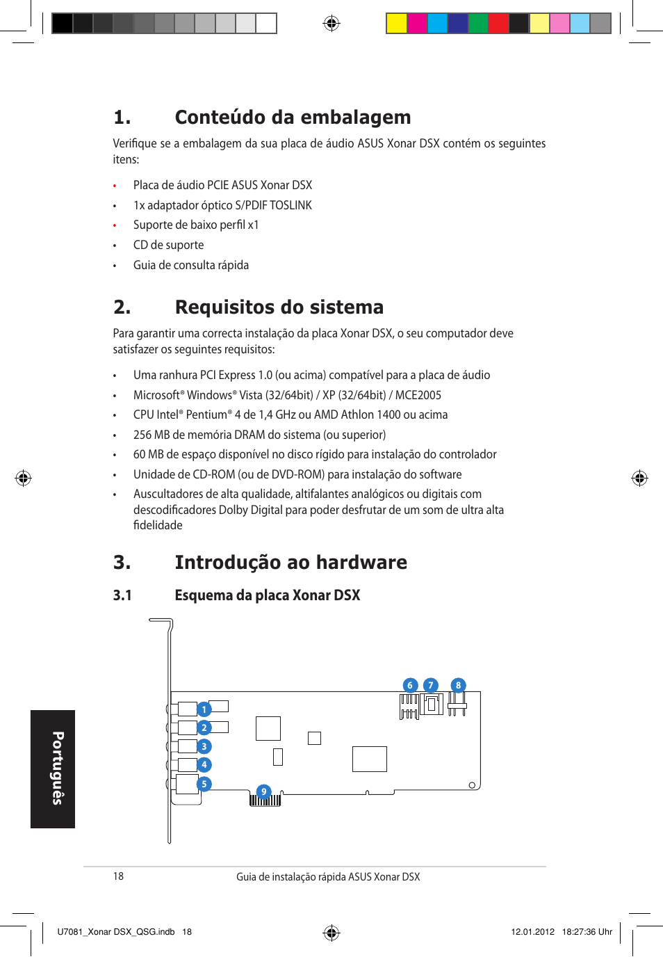 Conteúdo da embalagem, Requisitos do sistema, Introdução ao hardware | Por tuguês, 1 esquema da placa xonar dsx | Asus Xonar DSX User Manual | Page 18 / 26
