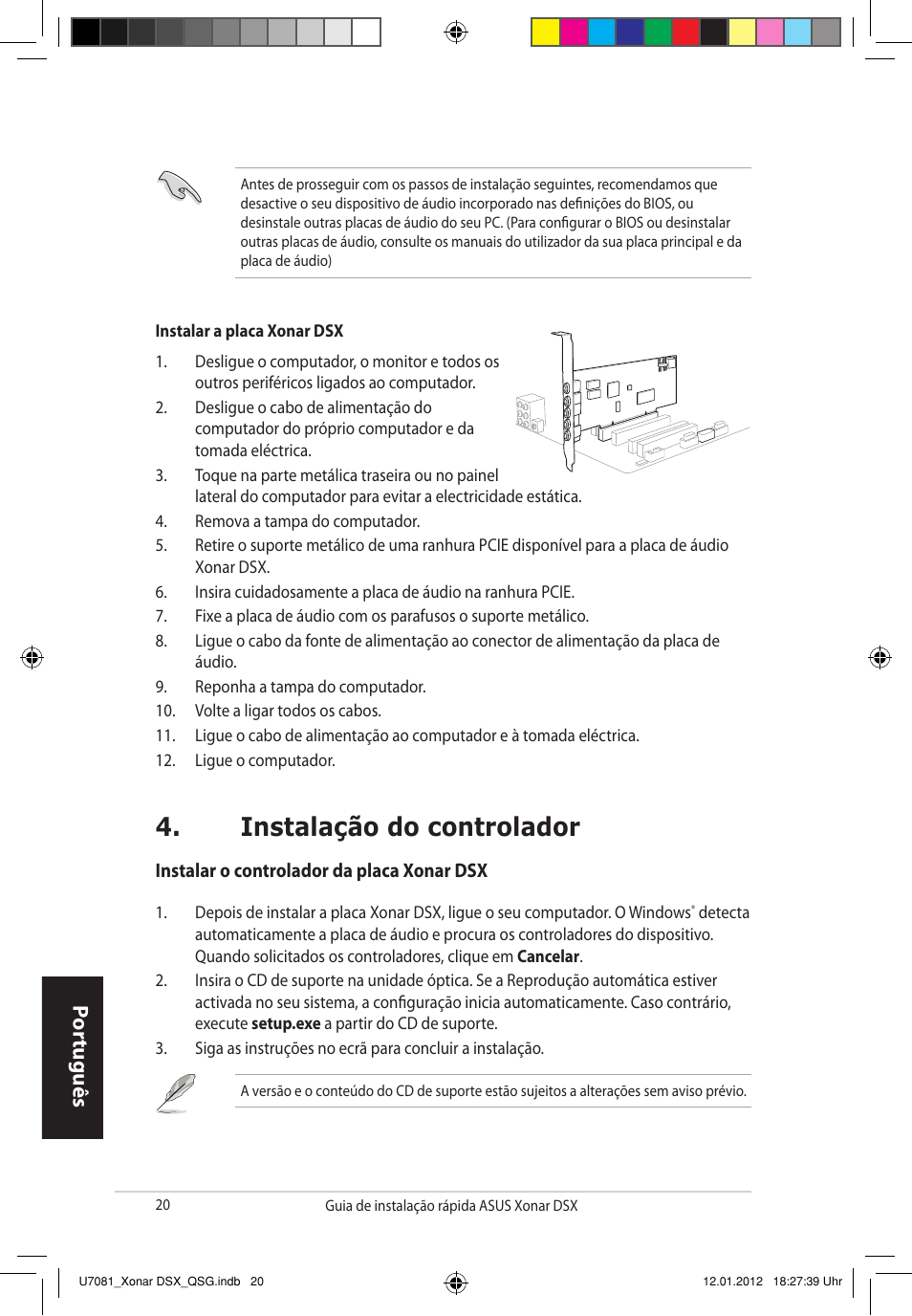 Instalação do controlador, Por tuguês | Asus Xonar DSX User Manual | Page 20 / 26