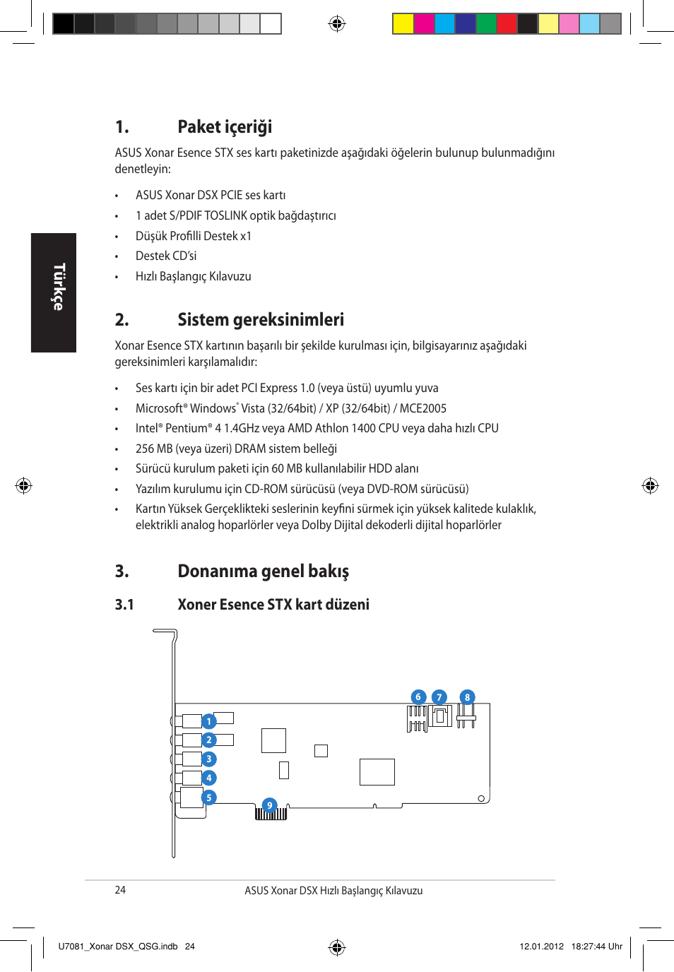 Paket içeriği, Sistem gereksinimleri, Donanıma genel bakış | Asus Xonar DSX User Manual | Page 24 / 26