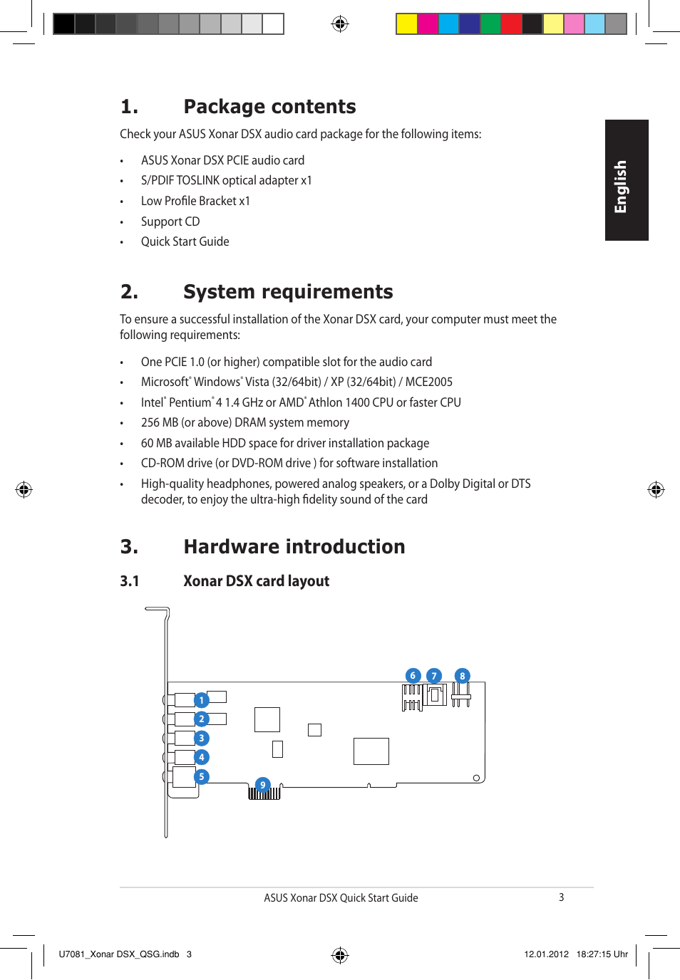 Package contents, System requirements, Hardware introduction | English, 1 xonar dsx card layout | Asus Xonar DSX User Manual | Page 3 / 26