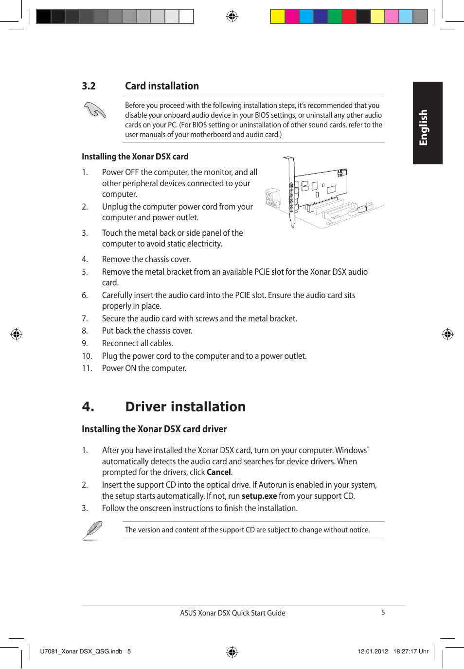 Driver installation, English 3.2 card installation | Asus Xonar DSX User Manual | Page 5 / 26