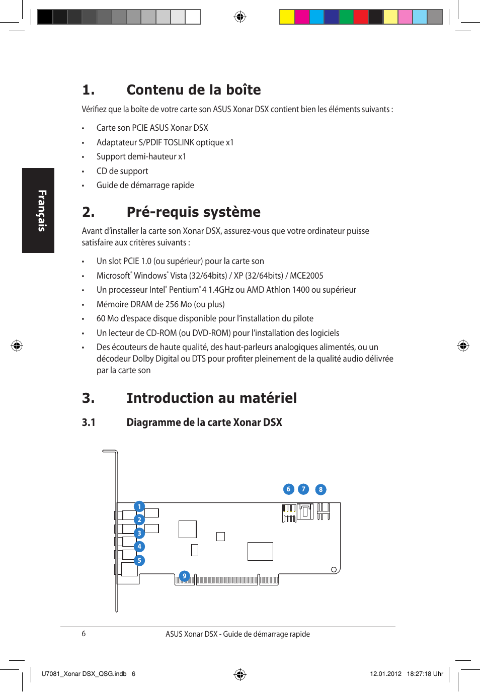 Contenu de la boîte, Pré-requis système, Introduction au matériel | Fr anç ais fr anç ais fr anç ais fr anç ais, 1 diagramme de la carte xonar dsx | Asus Xonar DSX User Manual | Page 6 / 26