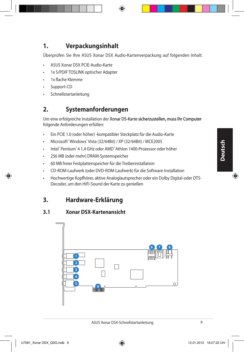 Verpackungsinhalt, Systemanforderungen, Hardware-erklärung | Deutsch, 1 xonar dsx-kartenansicht | Asus Xonar DSX User Manual | Page 9 / 26