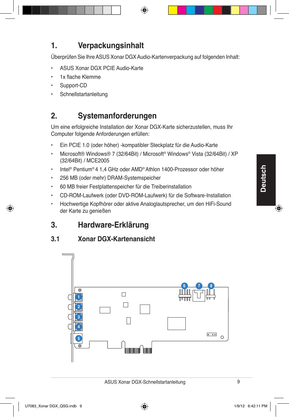 Verpackungsinhalt, Systemanforderungen, Hardware-erklärung | Deutsch, 1 xonar dgx-kartenansicht | Asus Xonar DGX User Manual | Page 11 / 33