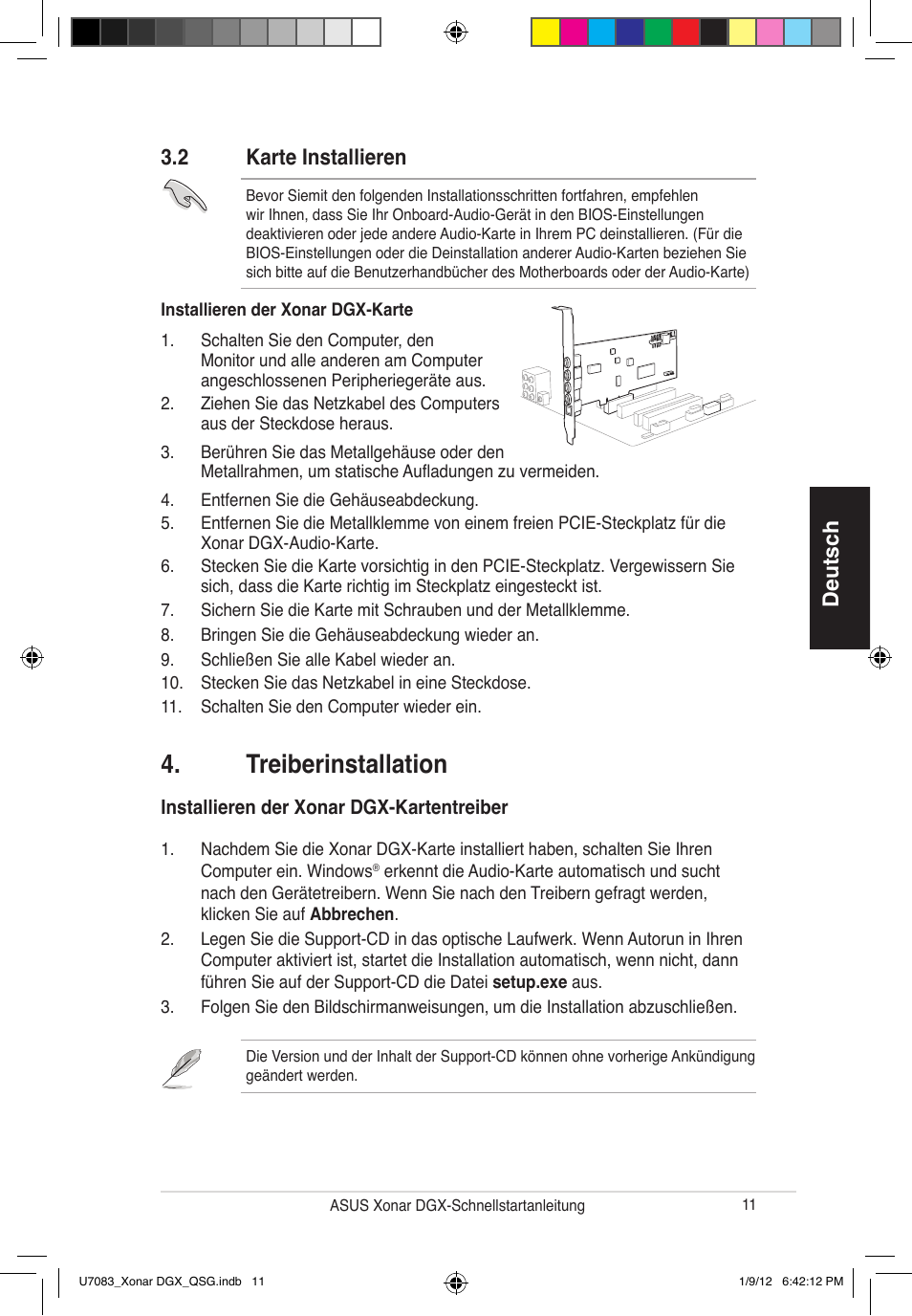 Treiberinstallation, Deutsch, 2 karte installieren | Asus Xonar DGX User Manual | Page 13 / 33